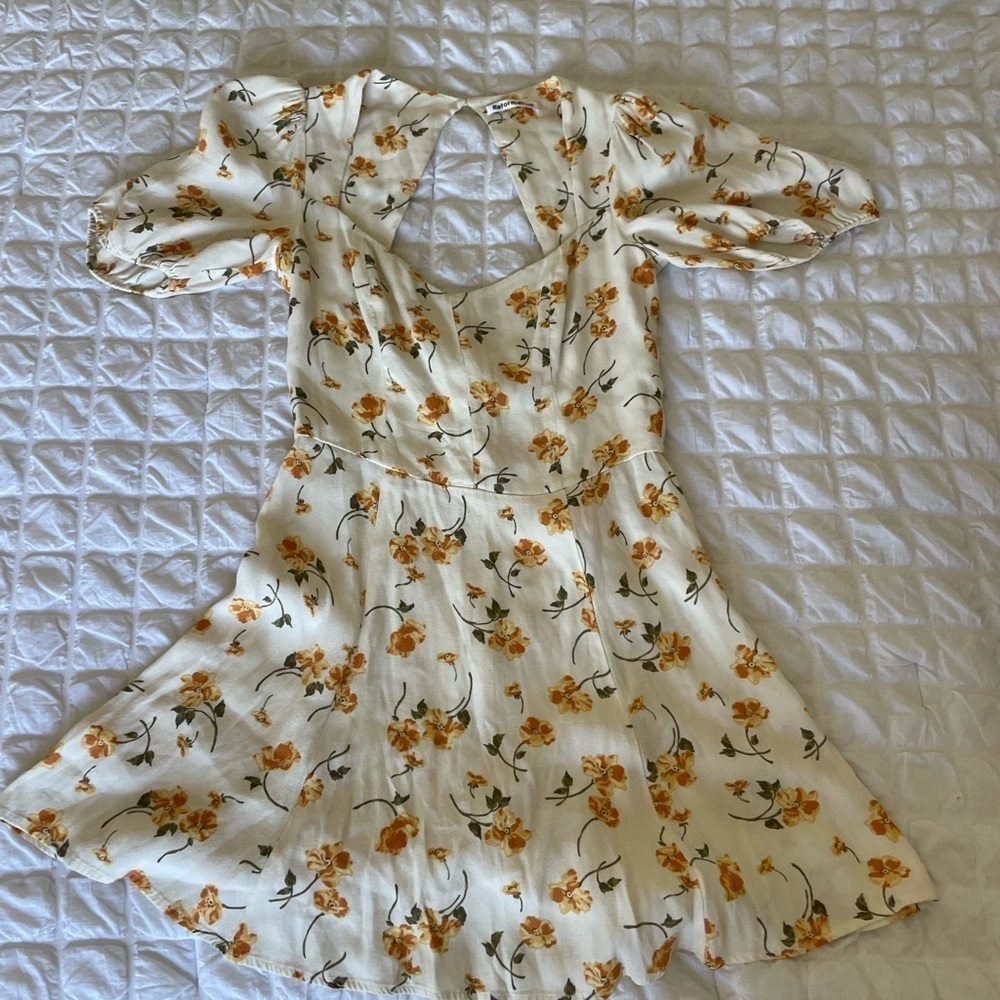 Reformation Limonada Clancy gold floral mini dress